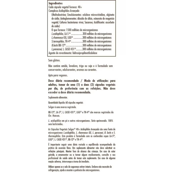 SLG - 40+ Ácido Avan Acidophilus 60 Caps