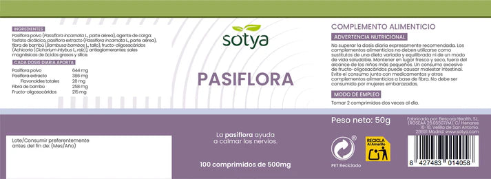 SOTYA - Pasiflora 100 comprimidos de 500mg