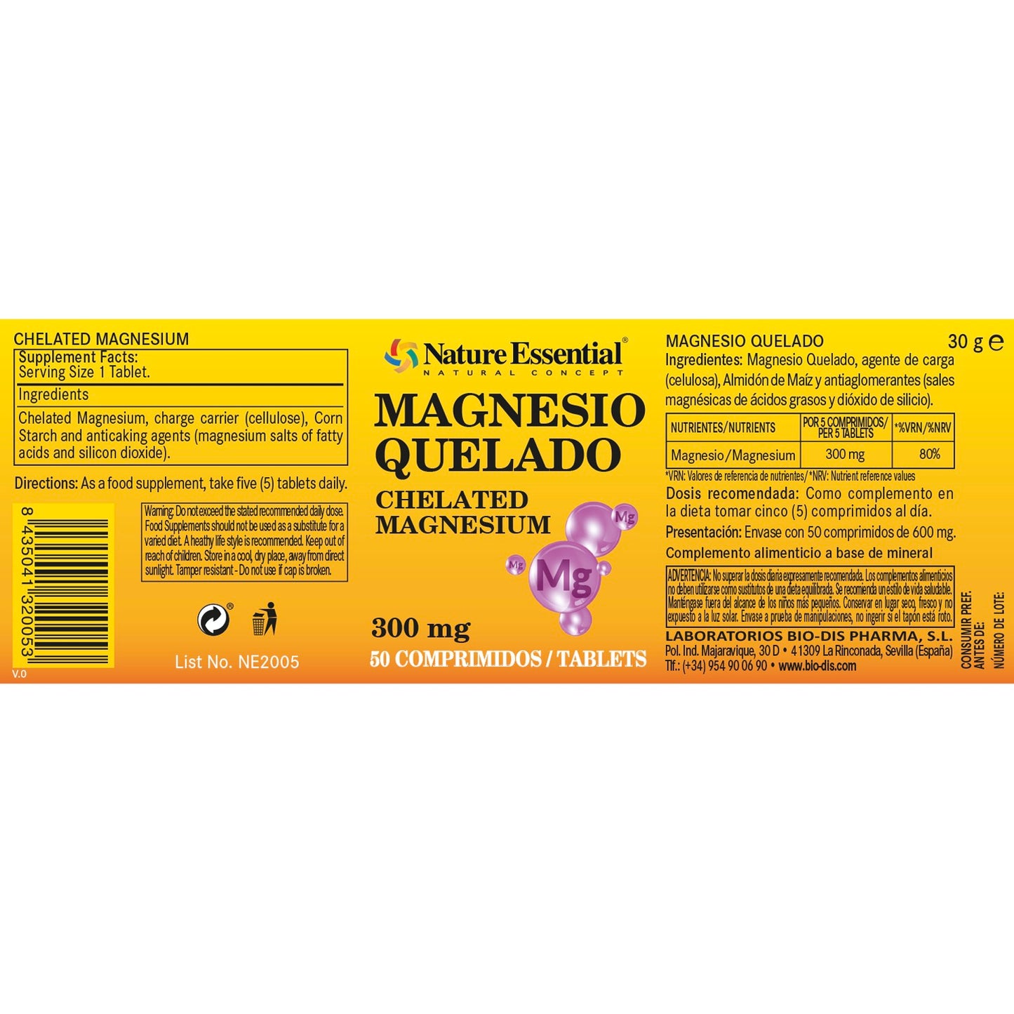 NARURE ESSENTIAL - Magnesio 300 mg. (Quelado) 50 comprimidos