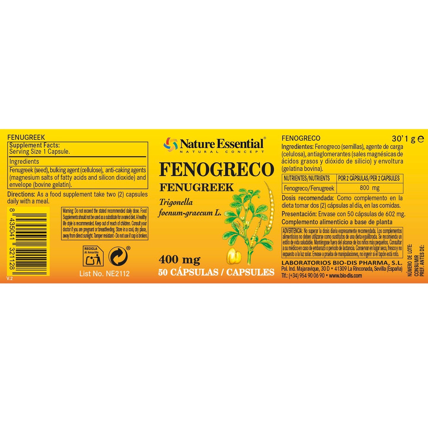 NATURE ESSENTIAL - Fenogreco 400 mg. 50 cápsulas