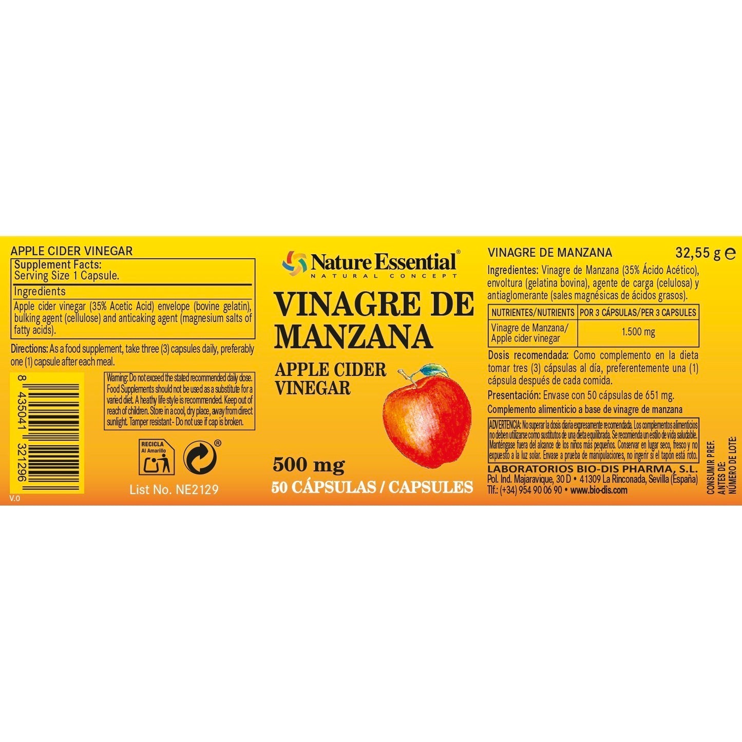 NATURE ESSENTIAL - Vinagre de manzana 500 mg. 50 cápsulas