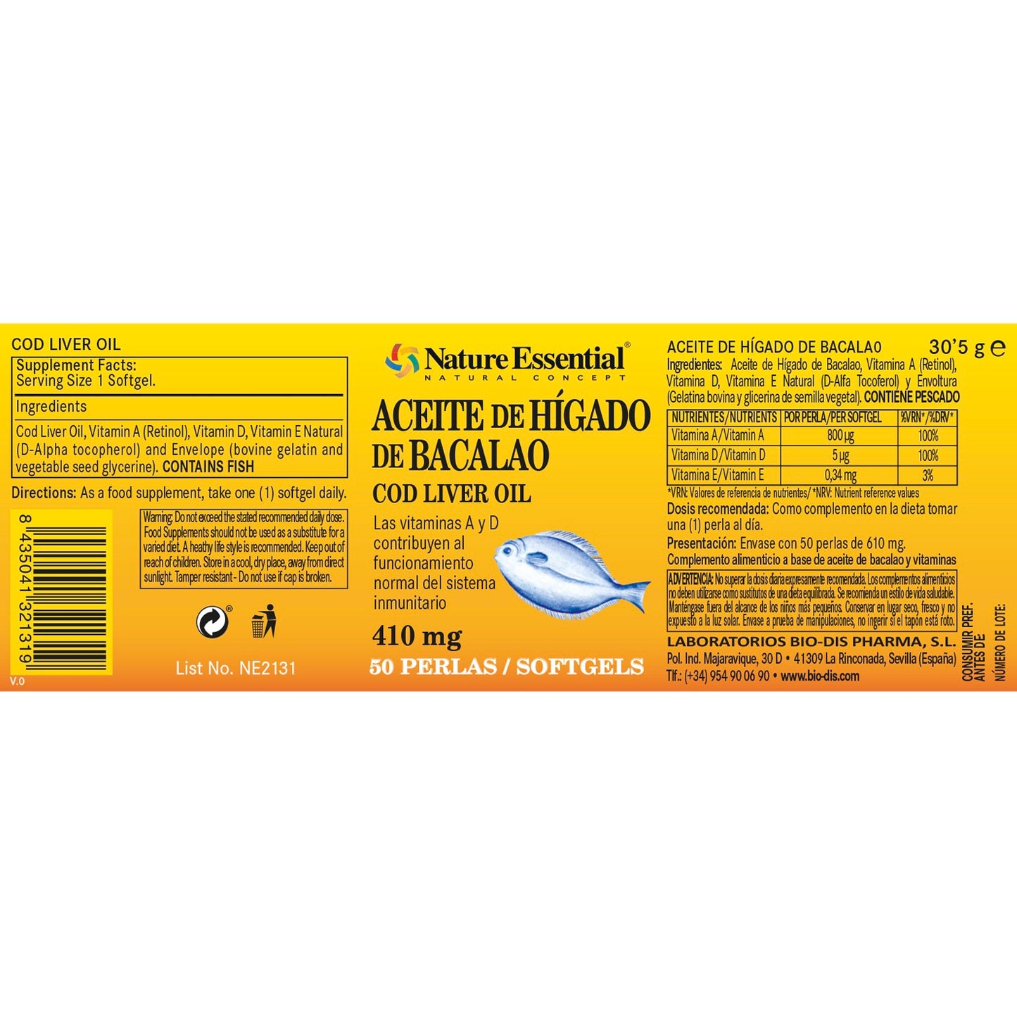 NATURE ESSENTIAL - Aceite de hígado de bacalao 410 mg. 50 perlas