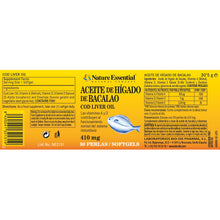 NATURE ESSENTIAL - Aceite de hígado de bacalao 410 mg. 50 perlas