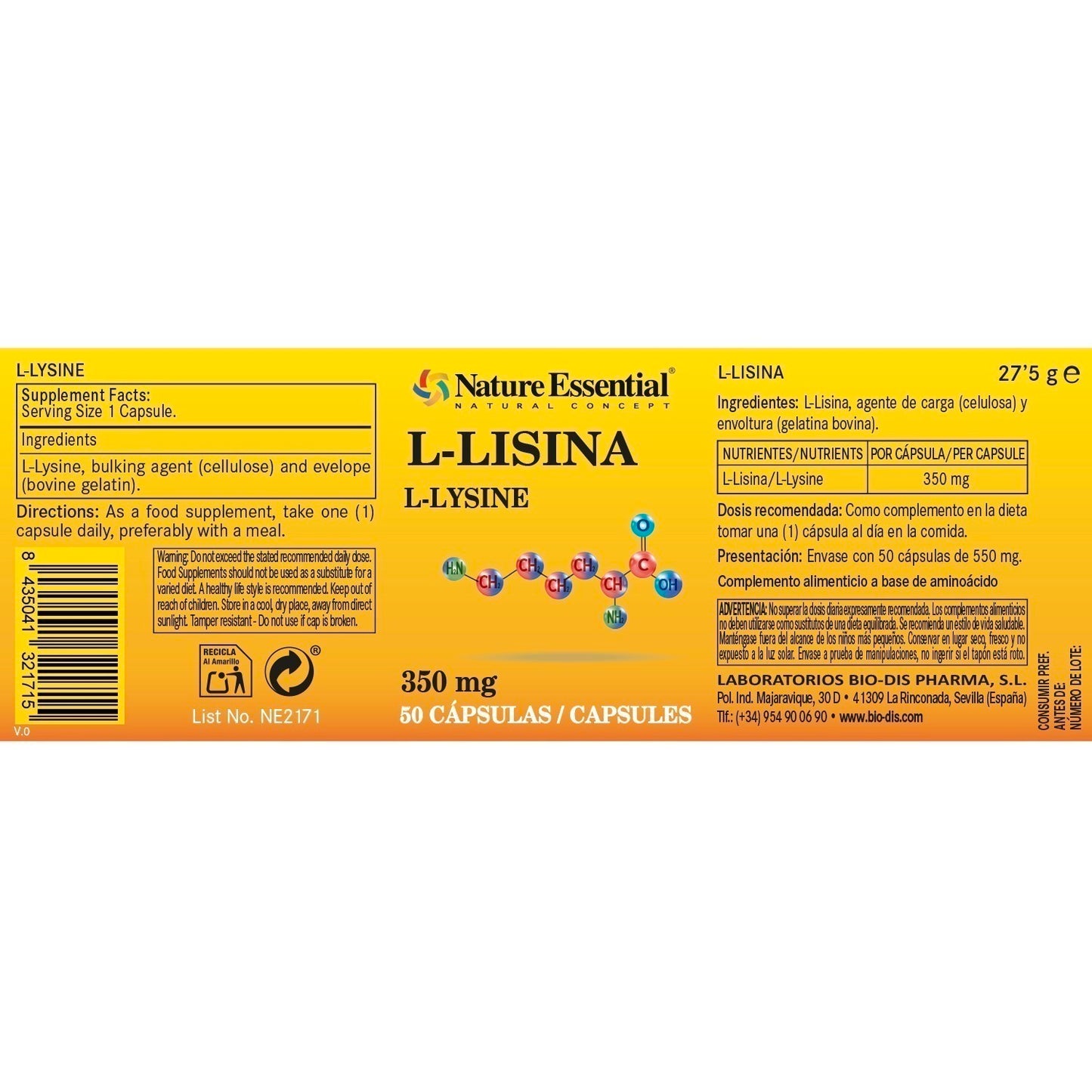 NATURE ESSENTIAL - L-lysina 350 mg. 50 cápsulas