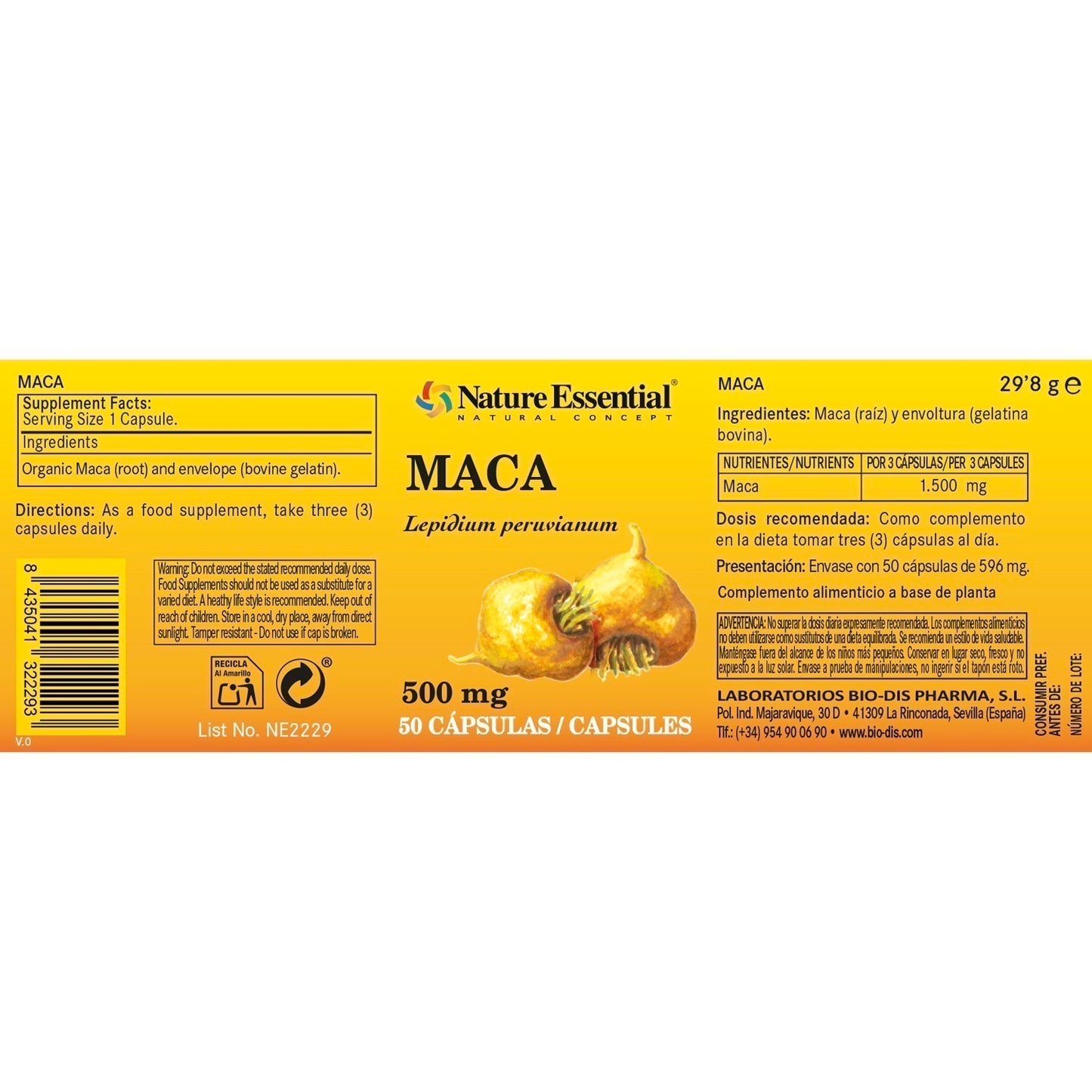 NATURE ESSENTIAL - Maca 500 mg. 50 cápsulas