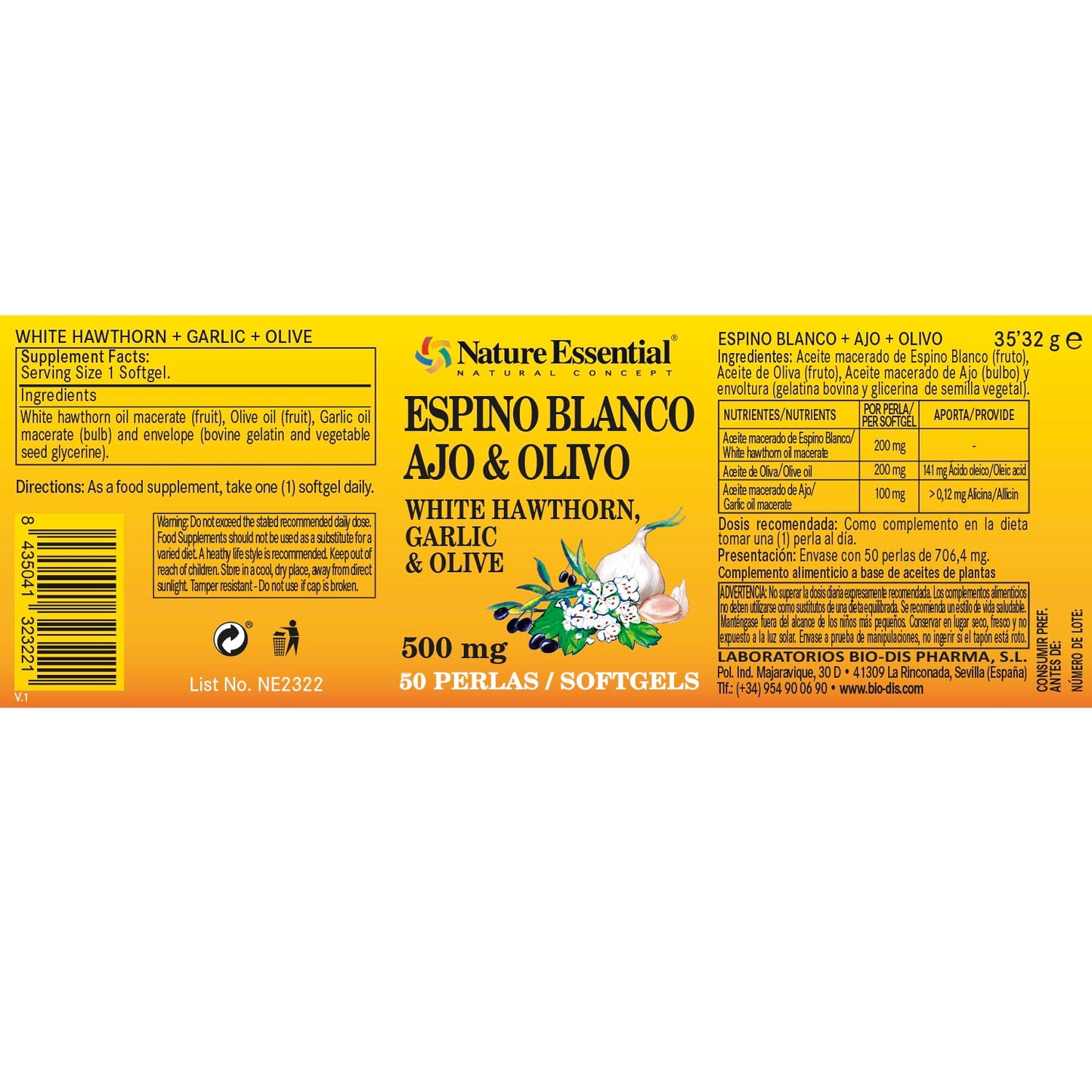NATURE ESSENTIAL - Espino blanco + ajo + olivo 500 mg. 50 perlas