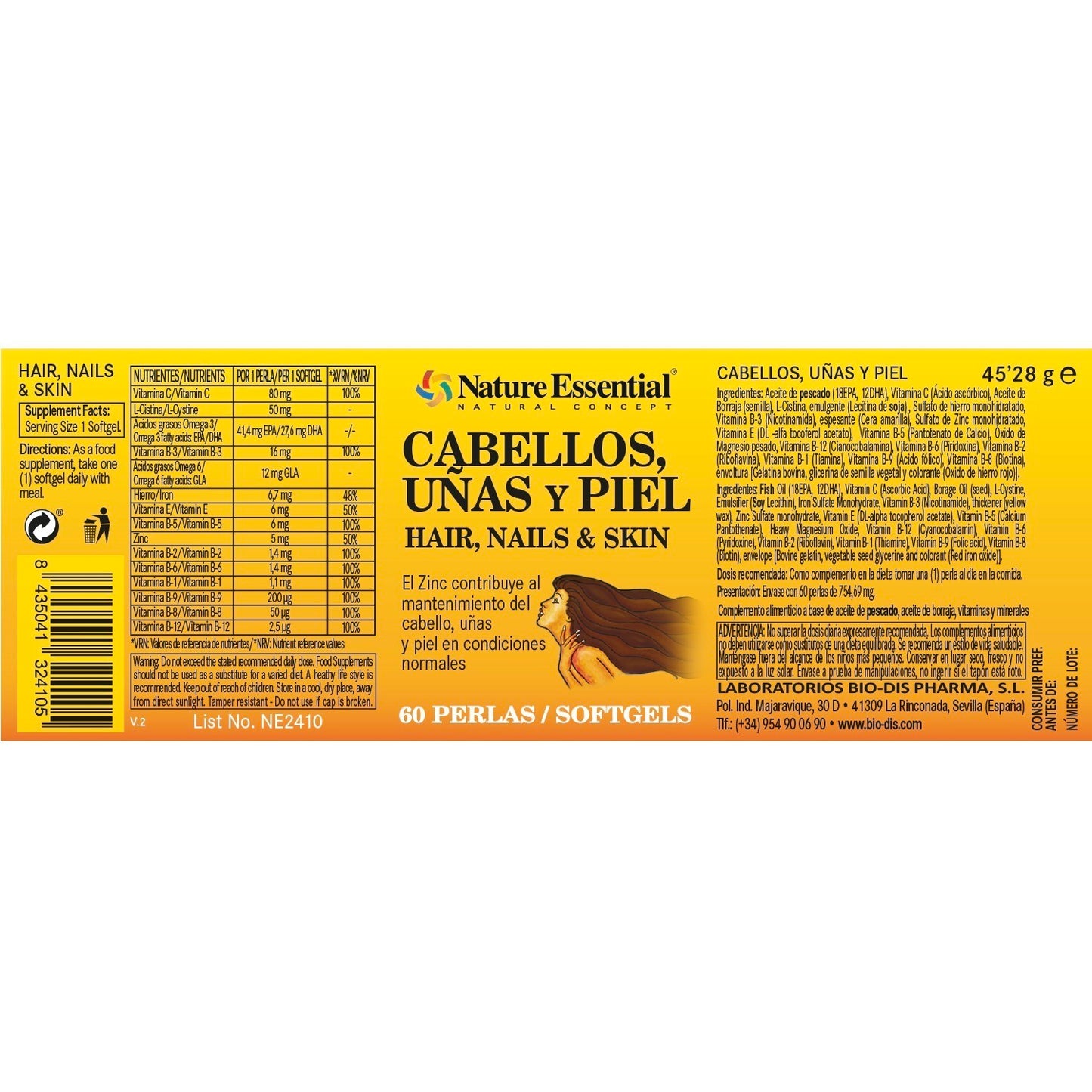 NATURE ESSENTIAL - Cabellos, uñas & piel 540 mg 60 perlas