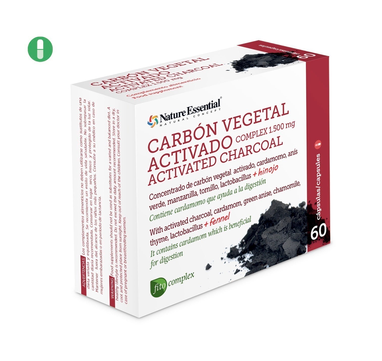 NATURE ESSENTIAL - Carbón vegetal activado (complex) 1500 mg. (ext. seco) 60 cápsulas