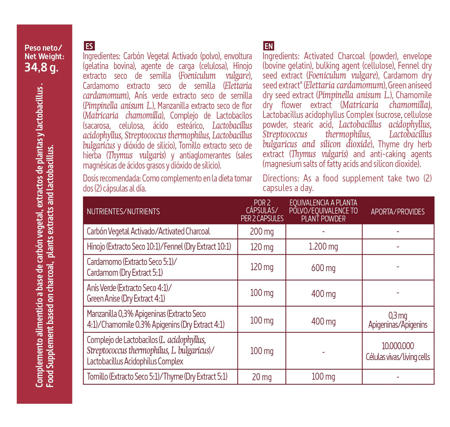 NATURE ESSENTIAL - Carbón vegetal activado (complex) 1500 mg. (ext. seco) 60 cápsulas