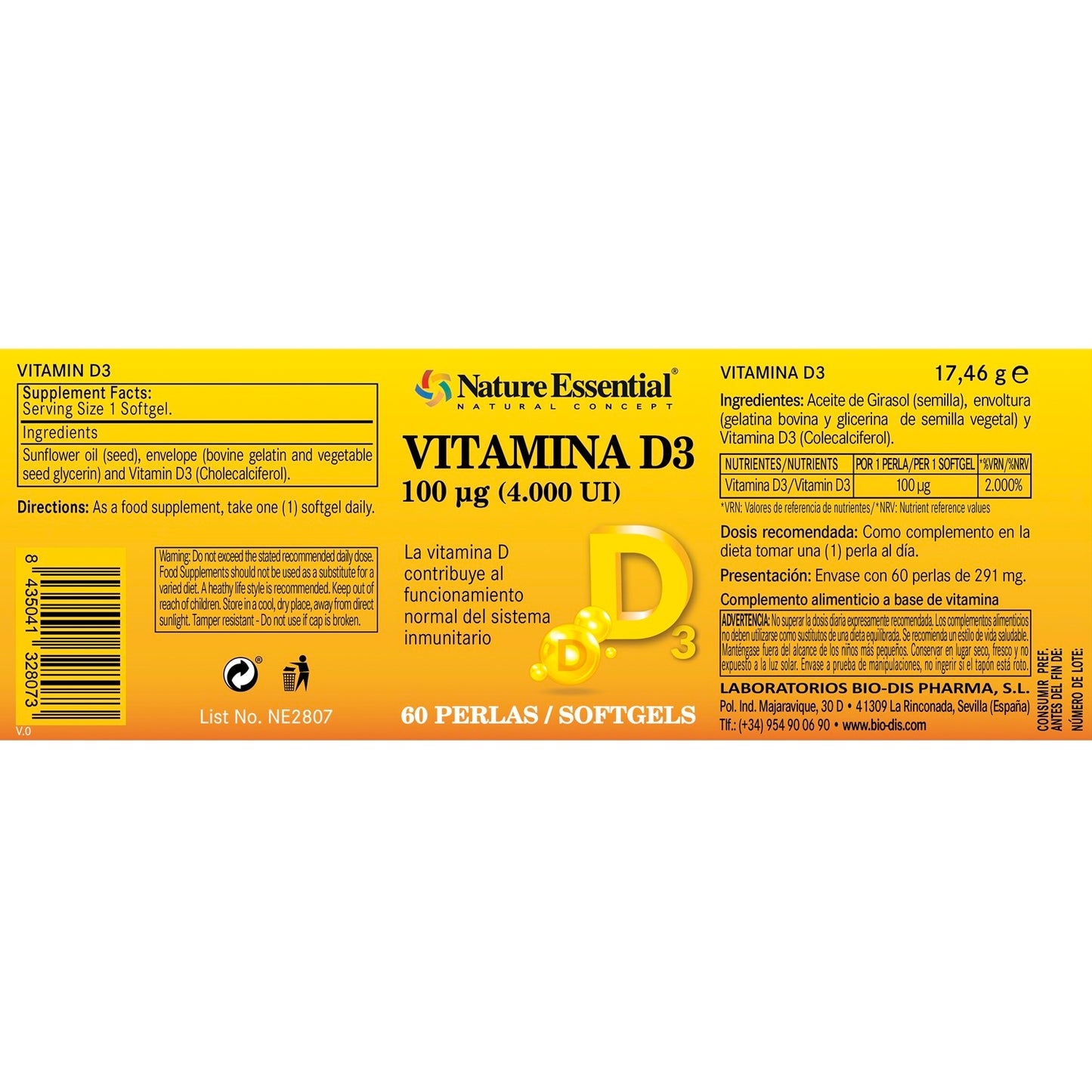 NATURE ESSENTIAL - Vitamina D3 100 mcg. (4000 U.I) 60 perlas