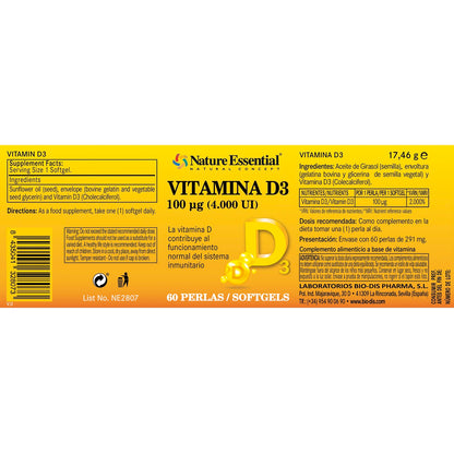 NATURE ESSENTIAL - Vitamina D3 100 mcg. (4000 U.I) 60 perlas