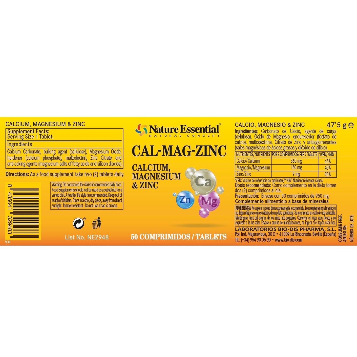 NARURE ESSENTIAL - Calcio, magnesio y zinc 520 mg. 50 comprimidos