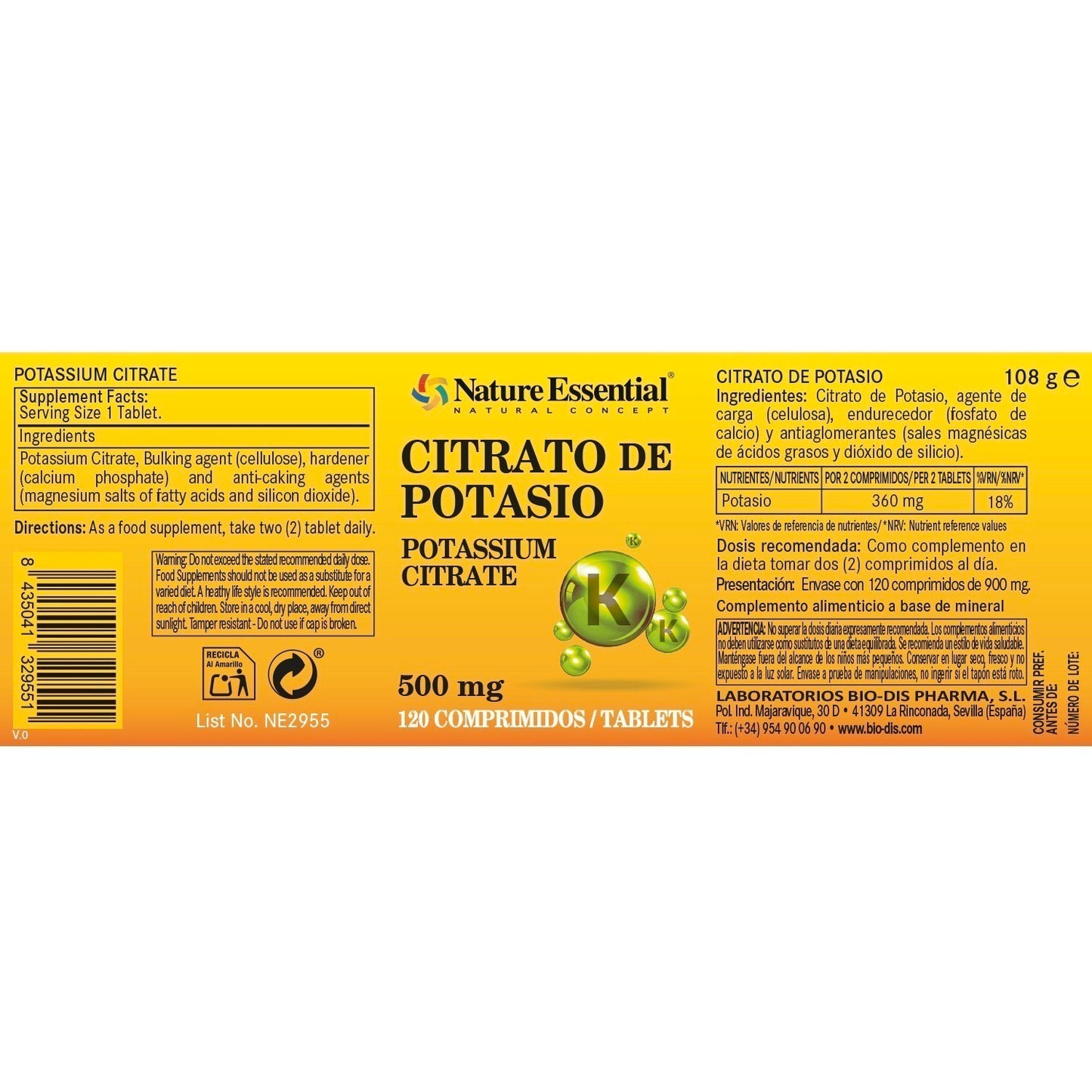 NATURE ESSENTIAL - Citrato de potasio 500 mg. 120 comprimidos
