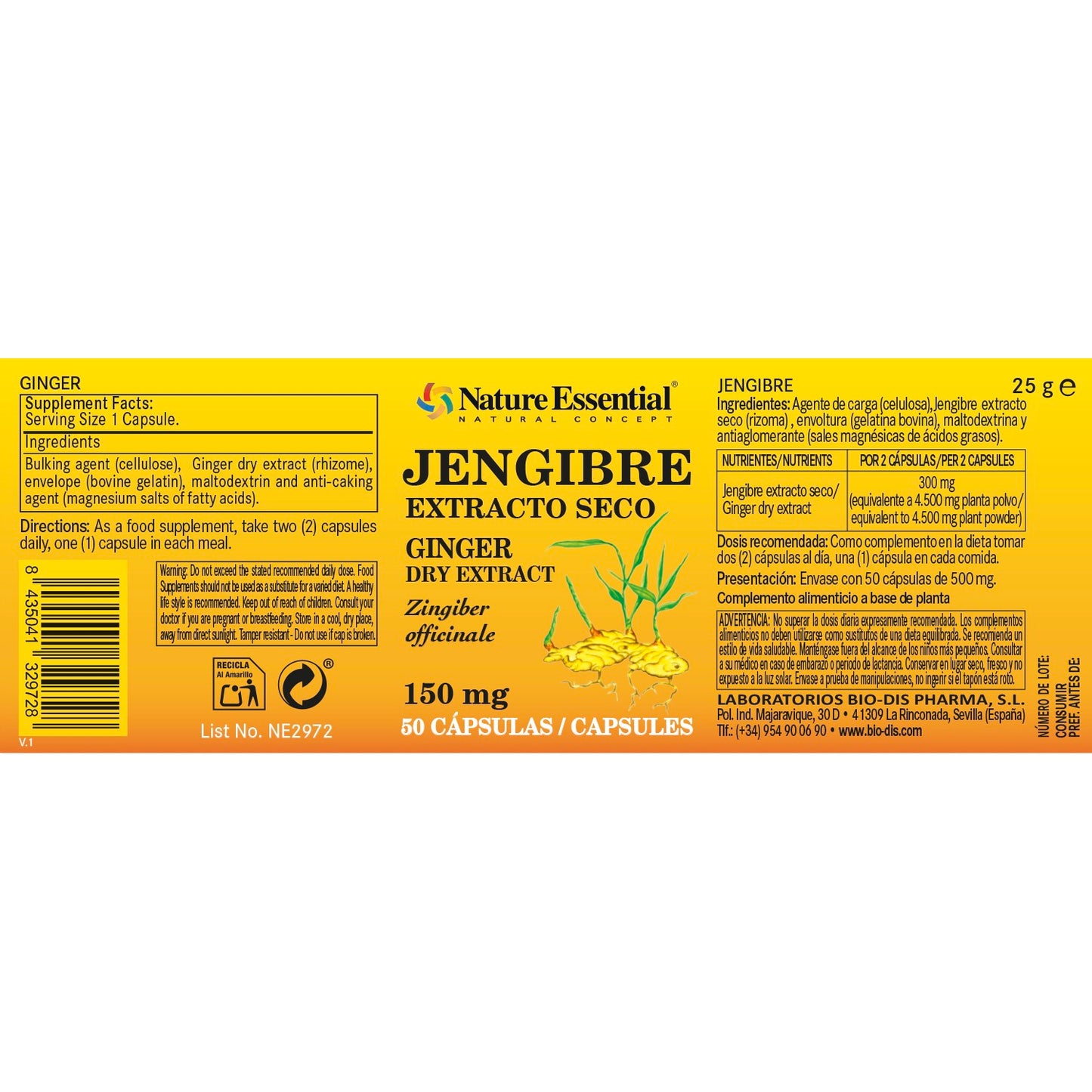 NATURE ESSENTIAL- Jengibre 150 mg. (extracto seco) 50 cápsulas