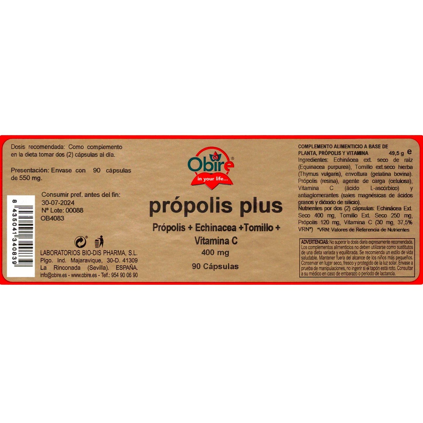 OBIRE - Própolis PLUS 400 mg. 90 cápsulas